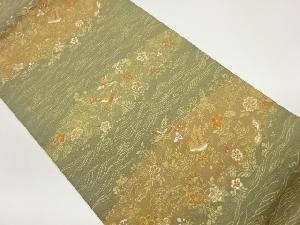 花に蝶・鳥・横縞模様織出し名古屋帯